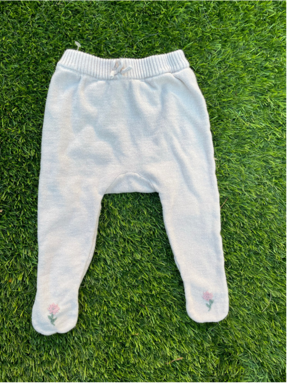 Elegant Baby Knit Footed Pants Beige with Pink Floral Embroidery
